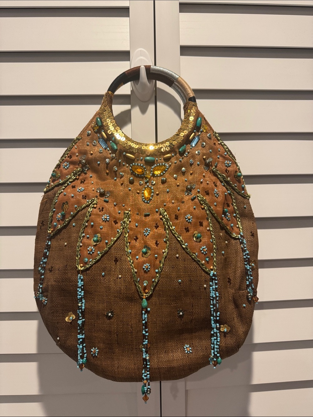 Adrienne Vittadini Fabric Brown Tote with Turquoise & Gold beaded Accents.